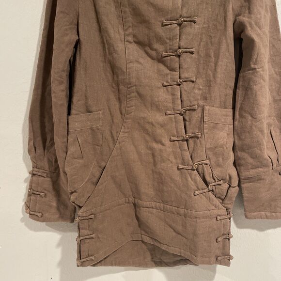 Unique Tan Linen Jacket Coat Asymetric Frog Closure Lagenlook Vintage M/L - Picture 2 of 12